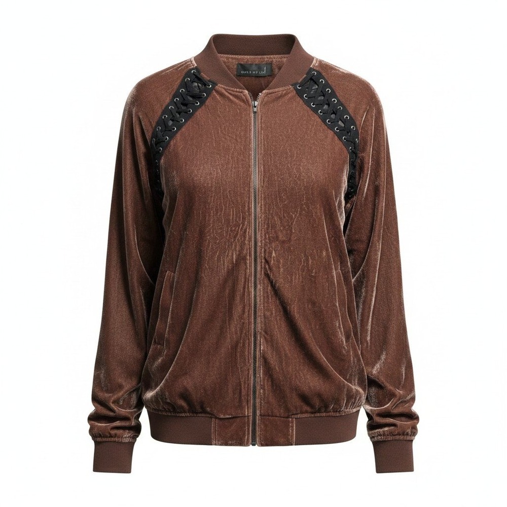 Bomber Jacket Womens S/M Brown Excellent Lace Up Velvet Zip Up